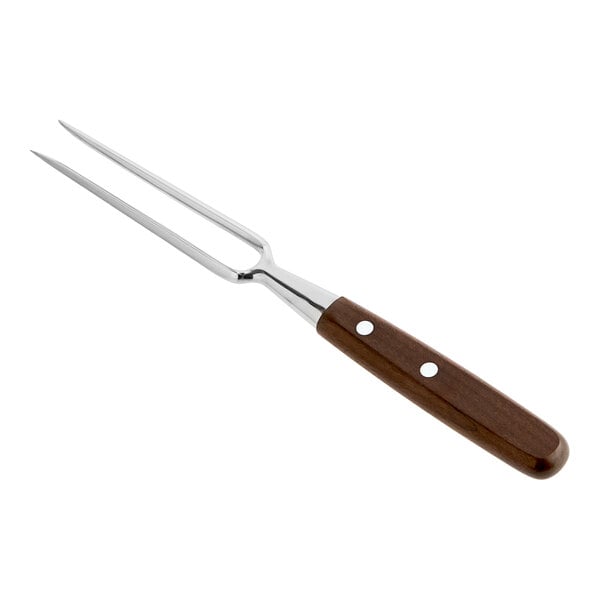 A Victorinox carving fork with a wood handle.