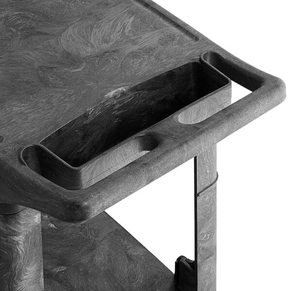 A black Rubbermaid plastic utility cart with two shelves and an extended handle.