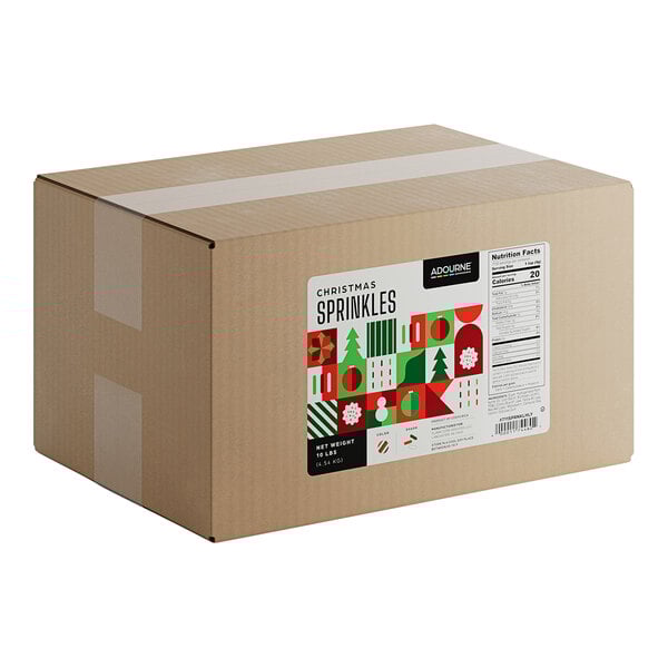A large cardboard box labeled as containing 10 pounds of Adourne Christmas Sprinkles.
