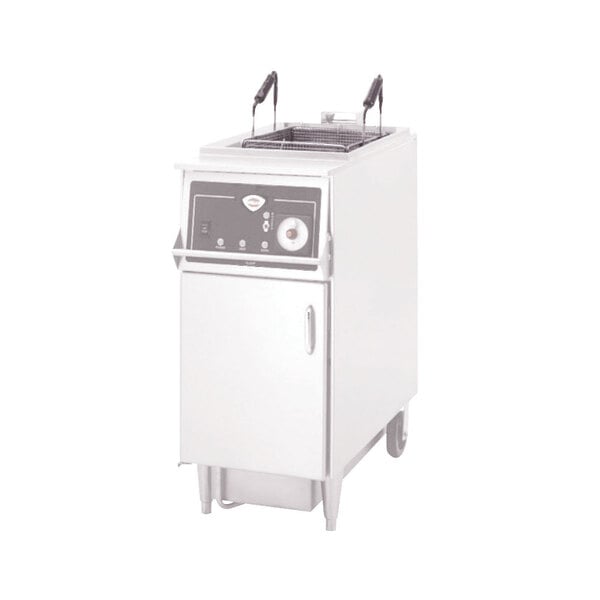 A white rectangular Wells full size fryer basket with a black handle.