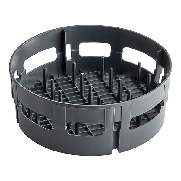 A black plastic round peg rack for Jackson dish machines with holes in it.