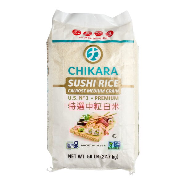 A 50-pound bag of Chikara Calrose medium grain white sushi rice.