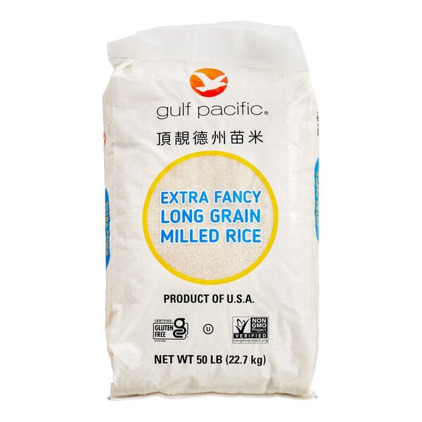 A white bag of Gulf Pacific white long grain rice with the words "extra long grain" on it.