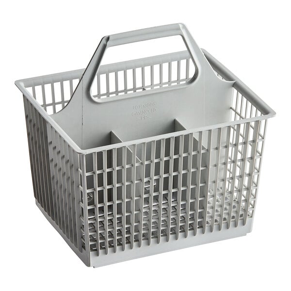 A white plastic Jackson silverware basket with 6 compartments and a handle.
