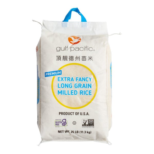 A 25-pound bag of Gulf Pacific extra fancy long grain milled white rice.