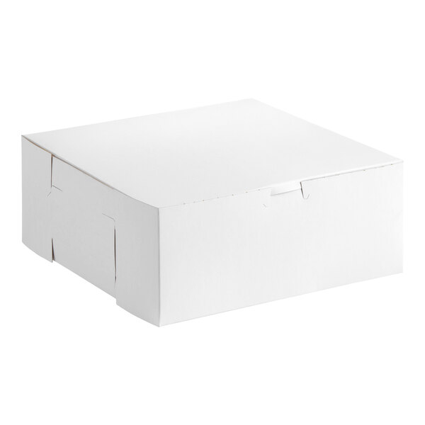 A plain white, square bakery box with a closed lid, designed for cakes or baked goods.