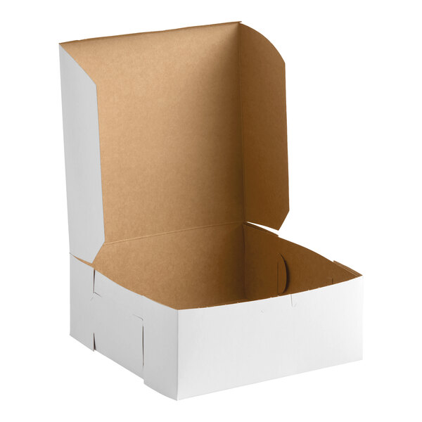 A white, customizable cake or bakery box with an open lid, measuring 10 inches by 10 inches by 4 inches.