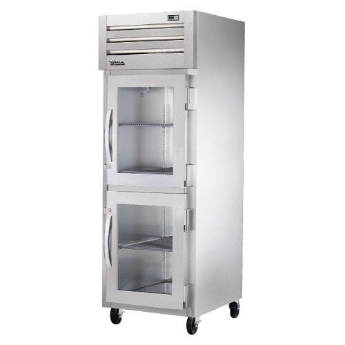 A white True glass half door holding cabinet.