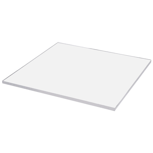 An Eastern Tabletop square acrylic buffet shelf with a silver border.