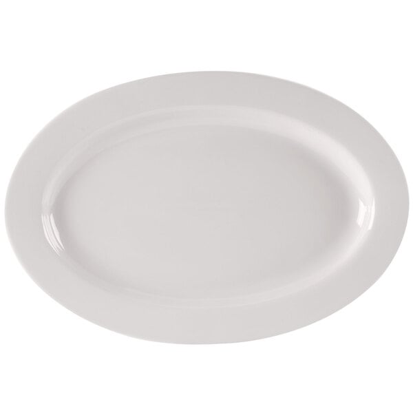 An ivory oval china platter with a wide white rim.