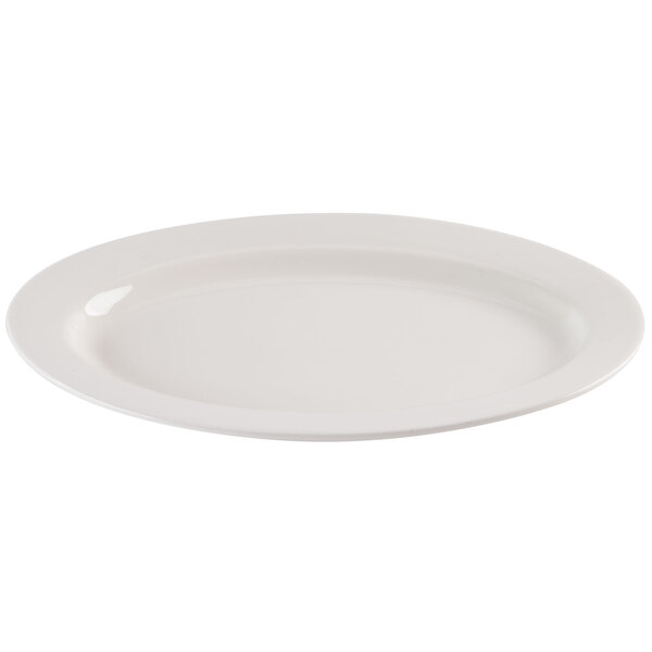 A CAC ivory china platter with a wide rim on a white surface.