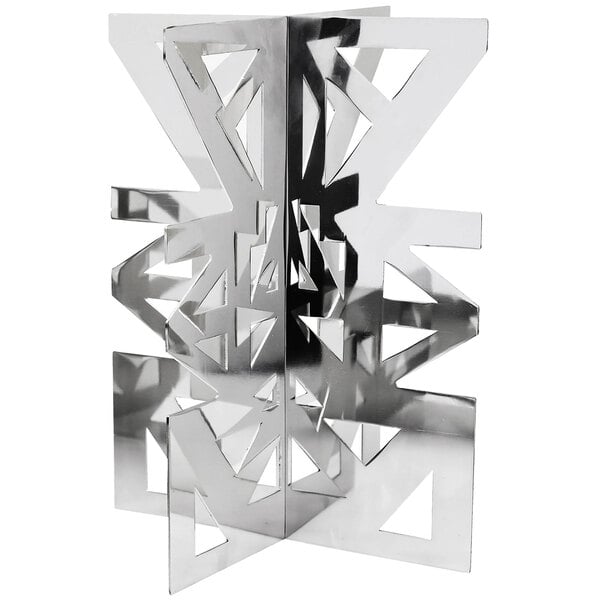 A silver metal Eastern Tabletop LeXus X Series platform riser with cut out "X" designs.