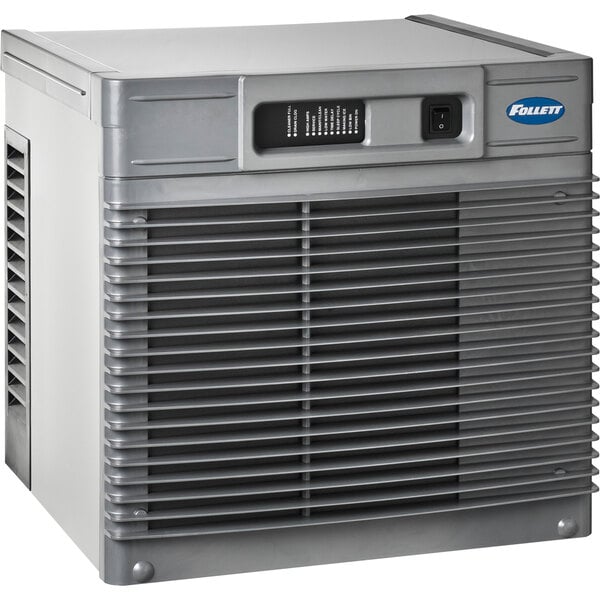 A grey rectangular air cooled Follett Maestro Plus ice machine with a vent.