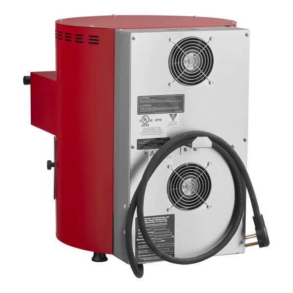 A red and silver TurboChef electric countertop pizza oven with two fans.