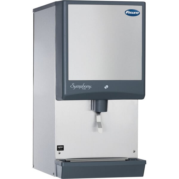 A Follett countertop ice machine and dispenser with a stainless steel top.
