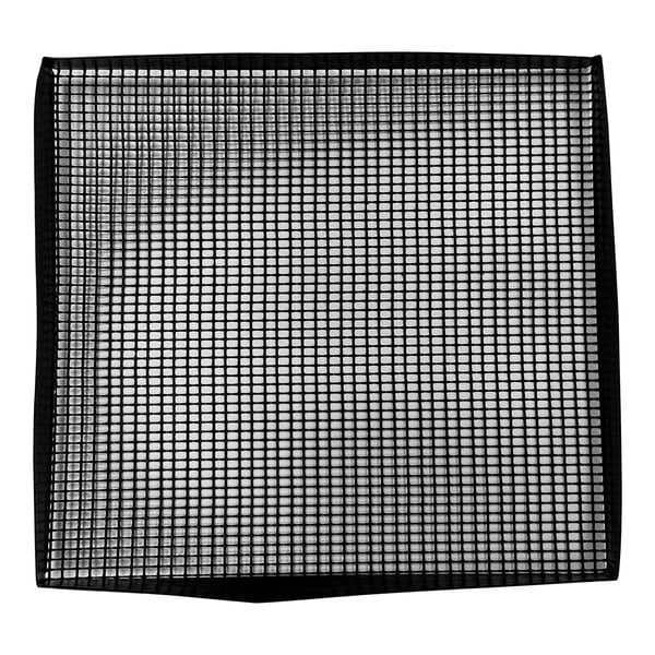 A black square mesh cooking basket.