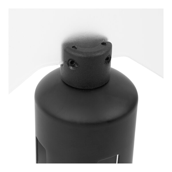 A close-up view of a black cylindrical object with a white, partially visible attachment at the top, featuring screws and a matte finish.