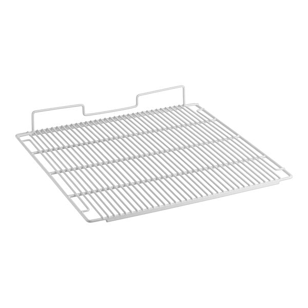 A white metal grid shelf with a metal handle on the right side.