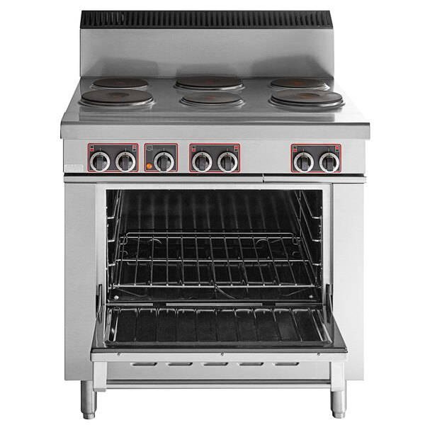 A stainless steel Garland electric restaurant range with six sealed burners and a standard oven.