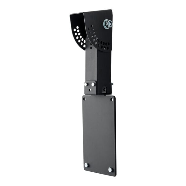 A black metal bracket with holes.