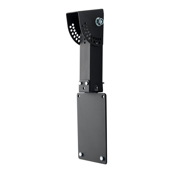 A close-up of a black metal bracket with holes.