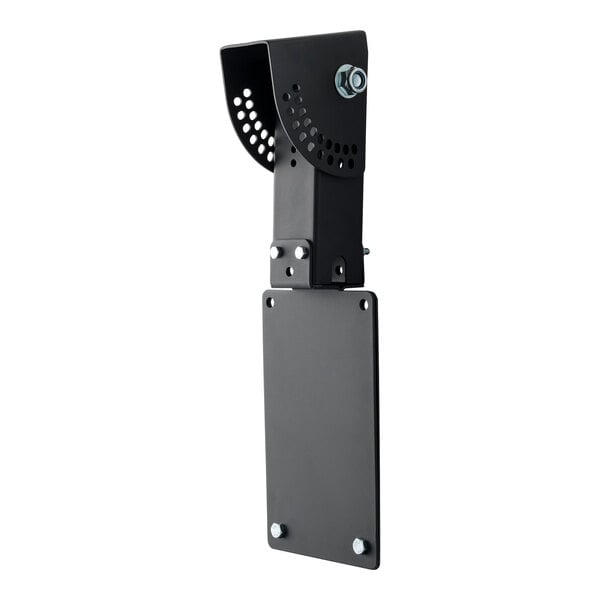 A black metal bracket with holes on a white background.