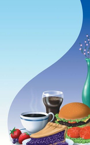 A close-up of a coffee shop themed menu on a table with a cup and a glass of liquid.