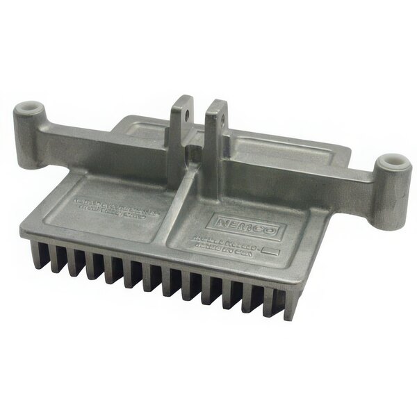 A metal Nemco push plate with two holes and text on it.