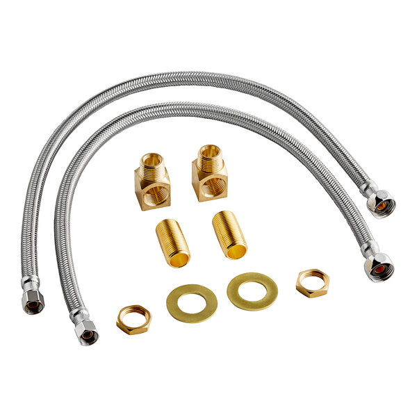 T&S Brass faucet inlet kit with metal hoses and brass fittings.