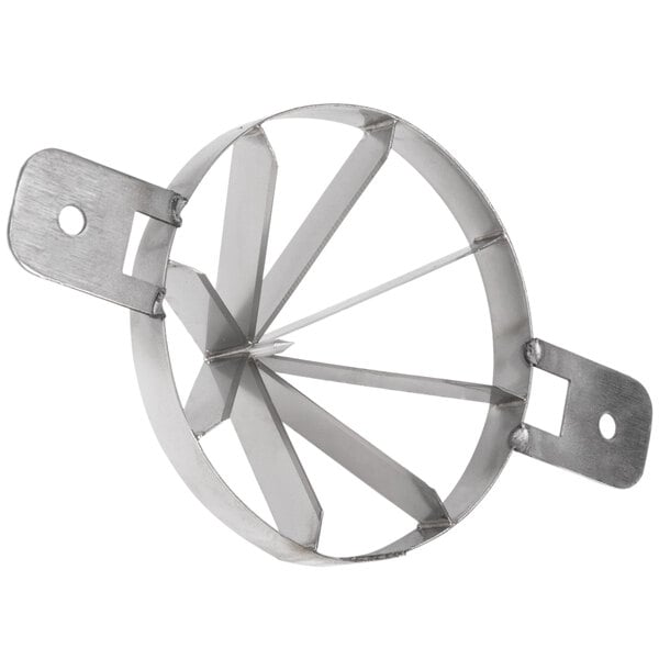 A metal circular Nemco blade assembly with sections and holes.