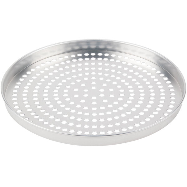 An American Metalcraft silver aluminum pizza pan with round holes.