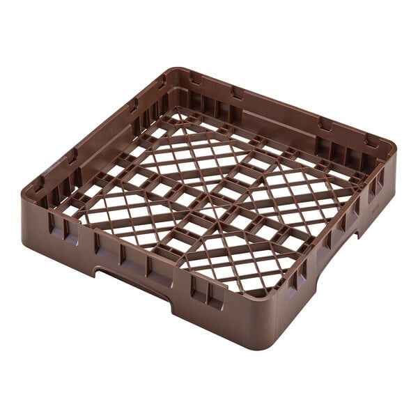 A brown plastic full size base rack with closed sides and an open grid bottom.