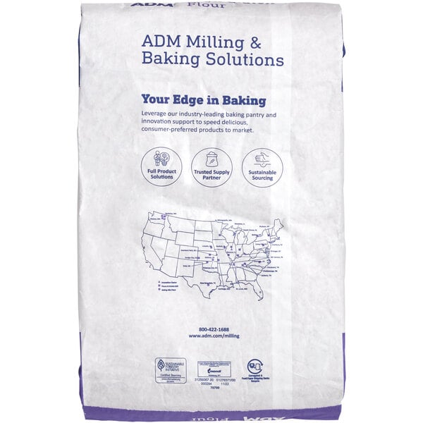A white bag of ADM High Gluten Flour with blue text.