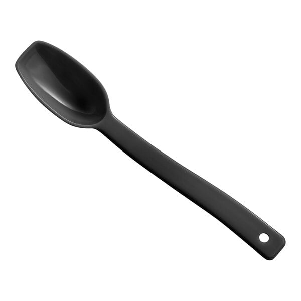 A black plastic Cambro salad bar spoon with a long handle.