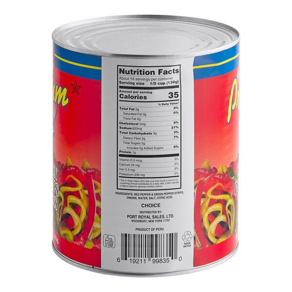 A #10 can of mixed pepper strips and onions with a label.