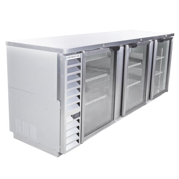 A Beverage-Air stainless steel back bar refrigerator with glass doors.