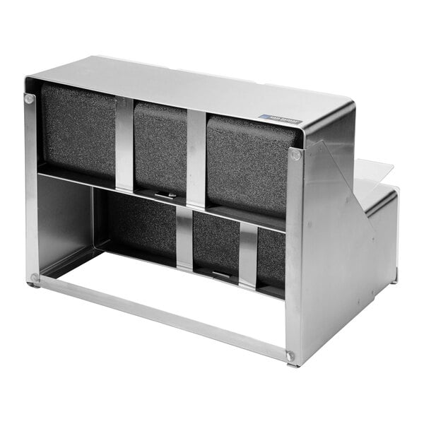A San Jamar stainless steel condiment bar with two tiers and split notched lids.