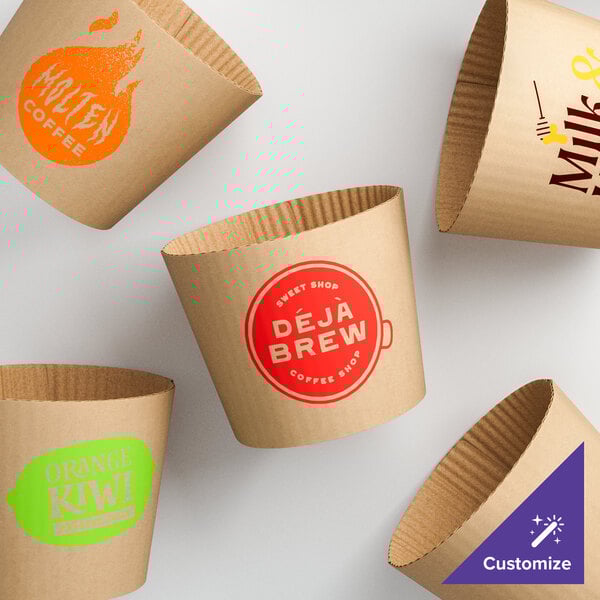 A group of brown paper coffee cup sleeves with different designs.
