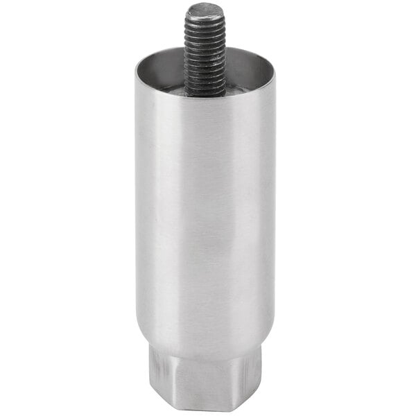 A silver metal Avantco stainless steel leg with a black screw.