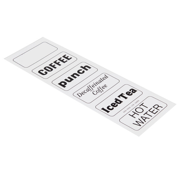A close-up of a white Cambro label with black text that says "coffee" multiple times.