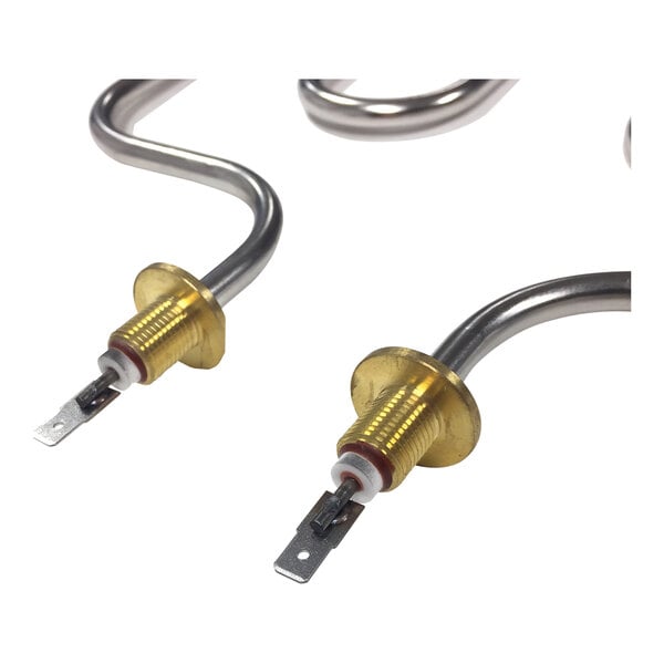 A pair of replacement heating elements with brass fittings for a Paragon 8020 hot dog steamer.