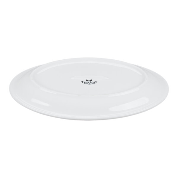 An oval-shaped, bright white china platter with a narrow rim, shown upside down.