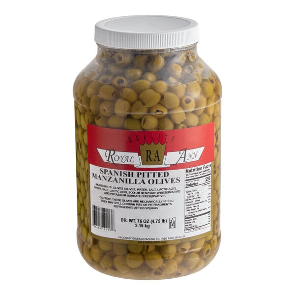 A large plastic jar filled with Spanish pitted Manzanilla olives.