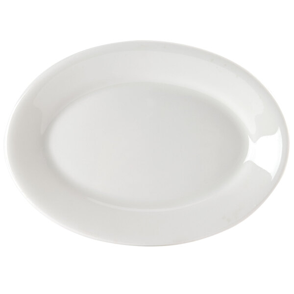 A white Homer Laughlin oval china platter with a small rim.