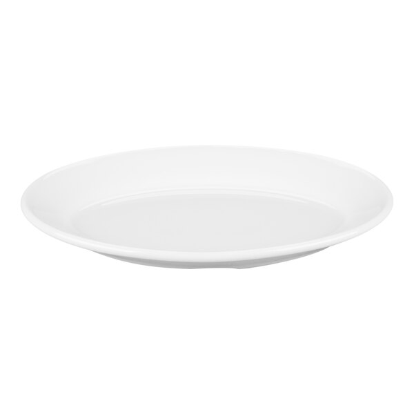 A plain, bright white oval platter with a smooth surface and slightly raised rim.