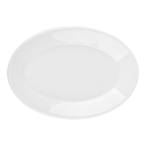 A plain, bright white oval platter with a smooth, glossy finish.