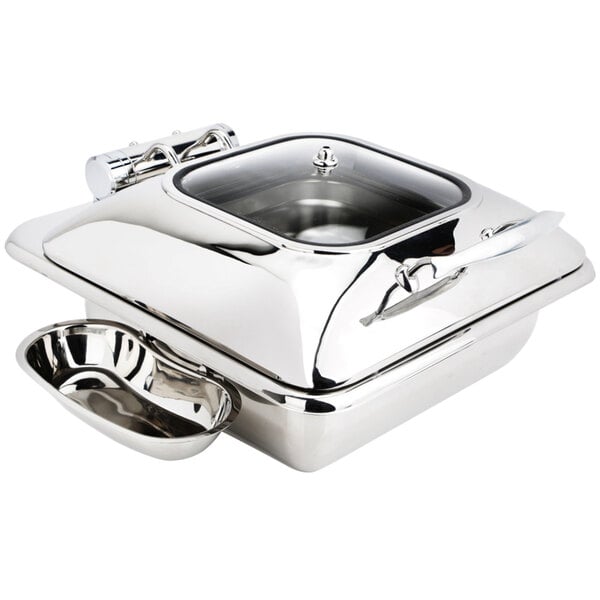 An Eastern Tabletop stainless steel square chafing dish with a glass lid.