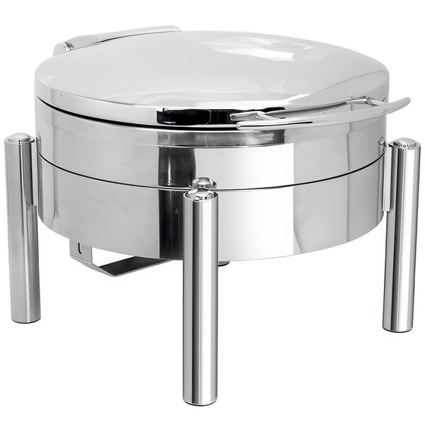 An Eastern Tabletop stainless steel round chafer with a hinged dome lid on a pillar'd stand.