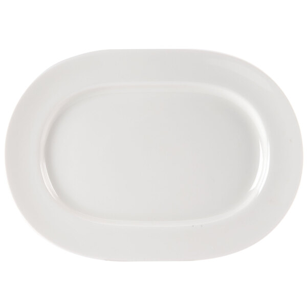 A Homer Laughlin Ameriwhite china platter with an oval shape and a small rim.