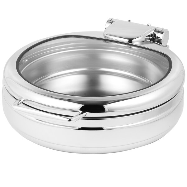 A silver stainless steel bowl with a hinged glass lid.